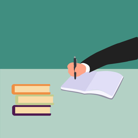 Simple Vector illustration drawing of hand gesture writing on an open notebook to write the business draft. Write business diary concept. Write the idea in the book. Modern design vector illustrationのイラスト素材