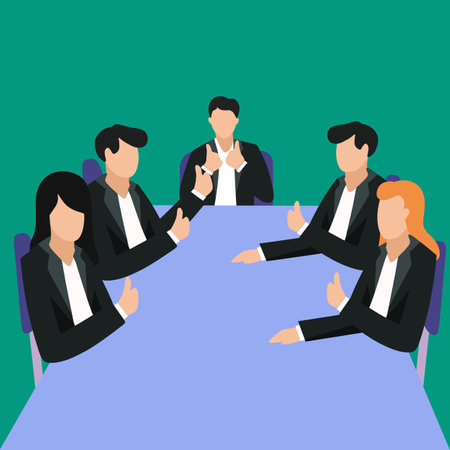 Simple Vector illustration drawing of young happy businessmen and businesswomen sitting on the same desk together giving a thumbs-up gesture. Business meeting concept. Vector design illustrationのイラスト素材