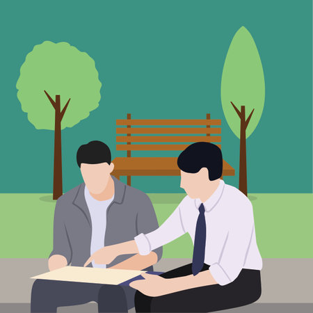 Creative Vector illustration drawing of Teacher Sitting Outside Helping Boy Students to understand the lesson. Happy learning, good teacher, and student. Modern Design Illustration Vectorのイラスト素材