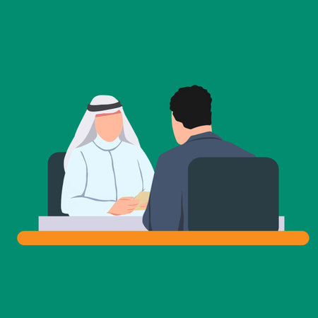Simple Vector illustration drawing of Arabian businessman smiling and holding a digital tablet in office, discuss the company's plans with the manager. Moslem Businessman concept. Modern design vectorのイラスト素材