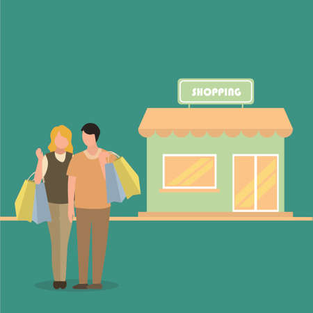 Simple Vector illustration background about a young happy romantic couple holding paper bags while shopping together at the mall. Buying fashion and cosmetic concepts. Modern design illustrationのイラスト素材