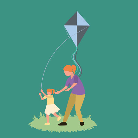Simple Vector illustration background about young mother and her daughter playing to fly kite up into the sky at outdoor field. Happy family parenthood concept. Modern design vector illustrationのイラスト素材