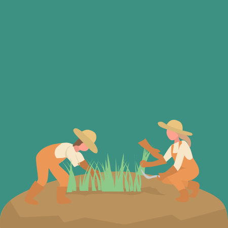 Simple Vector illustration background about couple farmer was harvesting rice and there was also a rice that had been tied up. Farming challenge the minimal concept. Modern design vector illustrationのイラスト素材