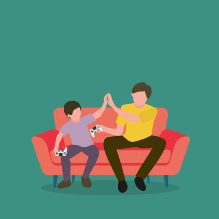 Simple Vector illustration background about young happy father have fun playing the console video game with his son on the couch together. Parenting family concept. Modern design vector illustrationのイラスト素材
