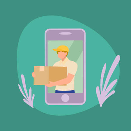 Simple Vector illustration background about male courier delivers box package, through a smart phone screen. E-commerce. Online delivery service. Fast delivery parcel concept.Modern design vectorのイラスト素材