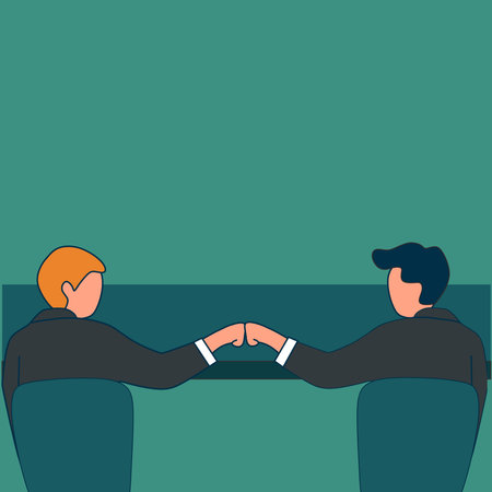 Simple Vector illustration of two young happy male worker bump their fist to celebrate their success at the office. Business teamwork concept line art modern design vector illustrationのイラスト素材