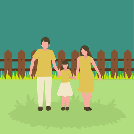 Simple Vector illustration background about young happy mom and dad lead their daughter walking together. Happy loving parenting family concept. Modern design vector illustrationのイラスト素材