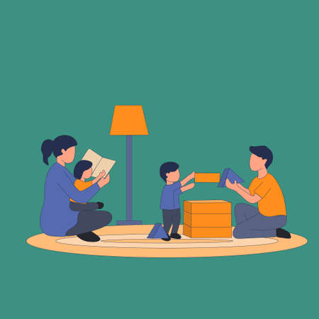 Simple Vector illustration background about a young mother reading a book to daughter and father playing block puzzle house with son at home. Happy family parenting concept. Modern design vectorのイラスト素材