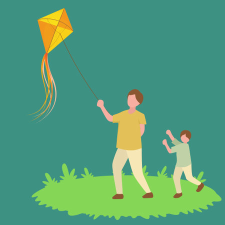 Simple Vector illustration background about young father and his son playing to fly kite up into the sky at outdoor field vector illustration. Happy family bonding concept. Modern design vectorのイラスト素材