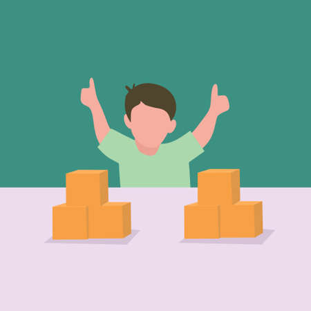 Simple Vector illustration background about a young happy boy playing a stack of puzzle blocks on a table and giving thumbs-up gestures in the kindergarten class. Modern design vector illustrationのイラスト素材