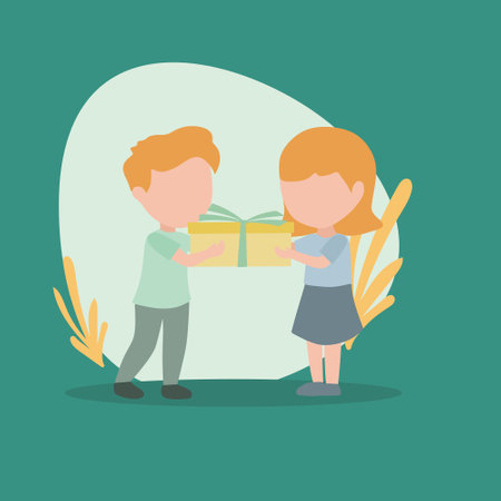 Simple Vector illustration background about boy kid giving girl birthday ribbon bow gift box. Children are excited to receive a gift from a friend. Child hand over holiday present. Modern designのイラスト素材