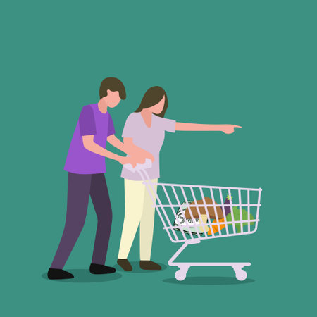 Simple Vector illustration background about happy young couple pushing trolley when shopping daily goods at the supermarket. Buying monthly organic product concept. Modern design vector illustrationのイラスト素材