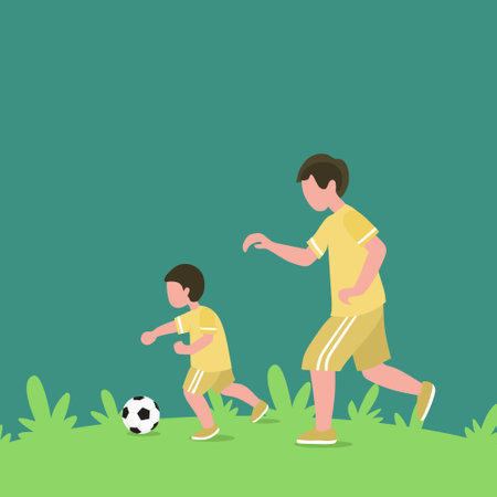 Simple Vector illustration background about young dad running and playing football soccer with his son in public field park vector graphic illustration. Happy family parenting concept. Modern designのイラスト素材