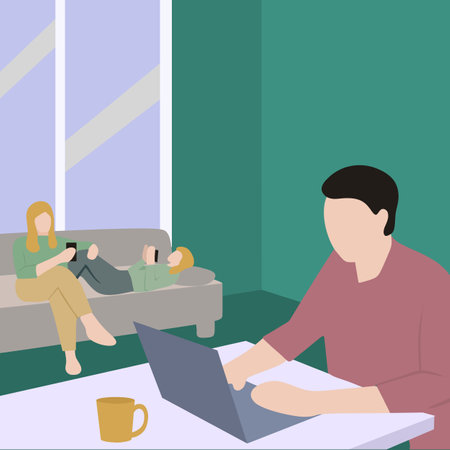 Creative Vector illustration drawing of businessman father distance worker remote working online from a home office with family. Busy parent dad using laptop computer sitting at the table in the homeのイラスト素材