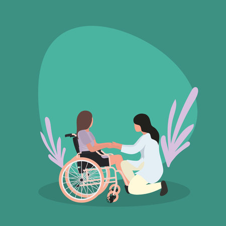 Simple Vector illustration background about young doctor visiting and handshaking the old patient with wheelchair in the hospital. Health care service concept. Modern design vector illustrationのイラスト素材