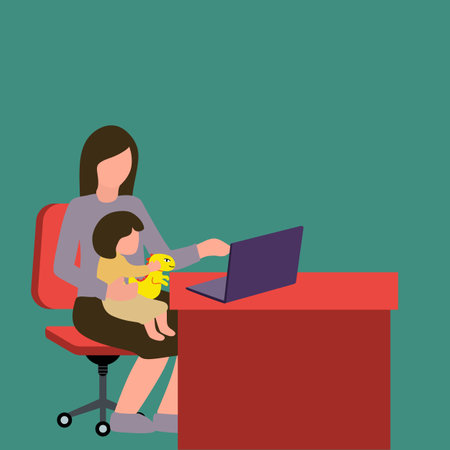 Simple Vector illustration drawing of a young mother sitting on the chair and holding her daughter while typing on the laptop, work from home. Happy family parenting concept. Modern design vectorのイラスト素材