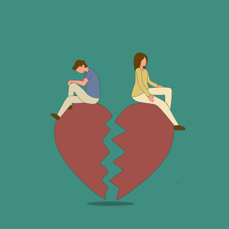 Simple Vector illustration of the relationship breaks up, broken heart, couple facing the opposite direction. Couple sitting on the big broken heart shape. line art modern design vector illustrationのイラスト素材