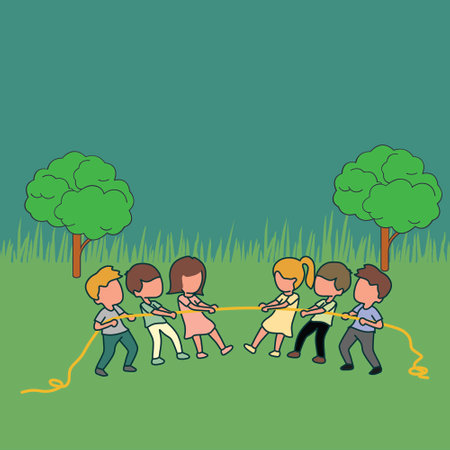 Simple Vector illustration about a group of children playing tug of war. Kids playing tug of war at the park. Girls and boys pull rope, outdoor child games. line art modern design vector illustrationのイラスト素材