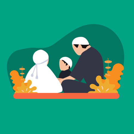 Simple Vector illustration drawing of Image of Asian Muslim family in traditional costume.Muslim father with kids in their house after praying to God.Concept of Muslim people in Ramadan holy month.のイラスト素材