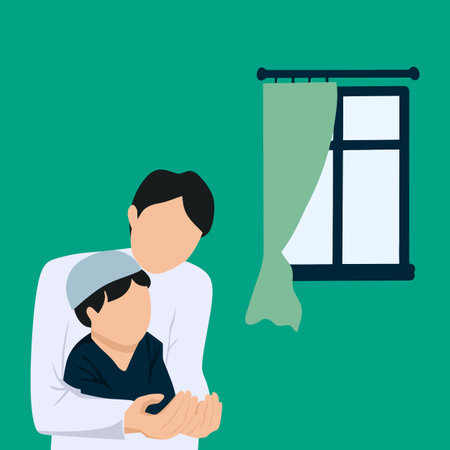 Simple Vector illustration drawing of Religious Asian Muslim Man teaching his little son to pray to God with rosary at home. Peaceful and Marvelous warm climate. Modern design vector illustrationのイラスト素材