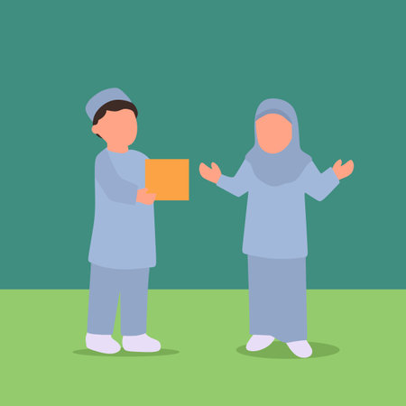 Simple Vector illustration drawing of young Muslim boy giving a present gift to sister. Eid Mubarak greeting card, banner, and poster. muslim brotherhood concept. Modern design vector illustrationのイラスト素材
