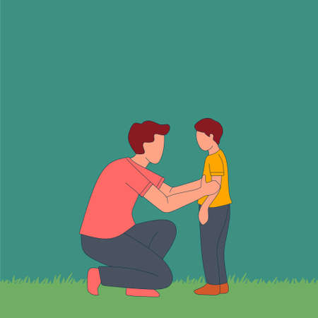 Simple Vector illustration of a young father giving some wise advice talk to his son at home, family life. Happy parenting concept. line art modern design vector illustrationのイラスト素材