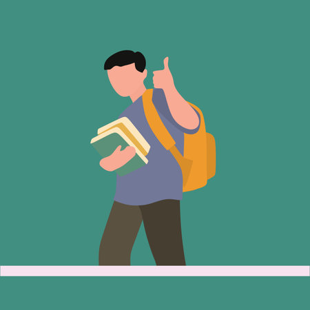 Simple Vector illustration drawing of young happy elementary school boy student carrying a stack of books and giving thumbs-up gesture. Education concept Modern design vector illustrationのイラスト素材