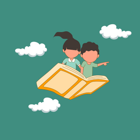 Simple Vector illustration of little boy and girl student or preschooler flying on the magic book. Happy kids flying on the book. Knowledge power concept. line art modern design vector illustrationのイラスト素材
