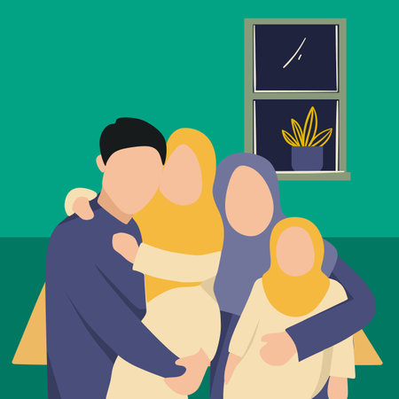 Simple Vector illustration drawing of beautiful muslim family smiling to camera. ramadan concept at home. Eid at home with family. Muslim happy family. Modern design vector illustrationのイラスト素材