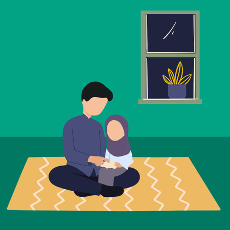 Simple Vector illustration drawing of Religious Asian Muslim Man teaching his 6 years old daughter to learn the Quran and study Islam after praying to God at home. Modern design vector illustrationのイラスト素材
