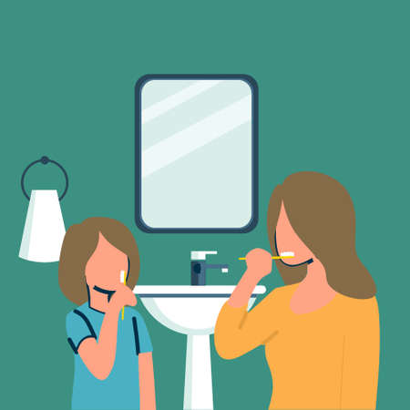 Simple Vector illustration drawing mother teaching her daughter teeth brushing in the bathroom. Routine habits for cleanliness and health of mouth and teeth. Modern design vector illustrationのイラスト素材