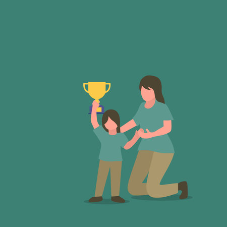 Simple Vector illustration drawing of young mom congratulates her daughter who wins first place trophy at study competition. Happy family parenthood concept. Modern design vector illustrationのイラスト素材