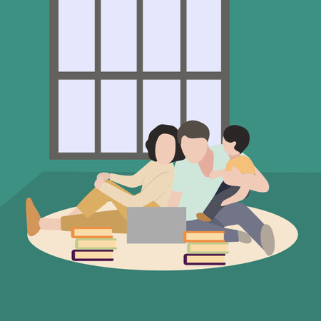 Creative Vector illustration drawing of a small family with 1 child is planning their vacation by searching for vacation packages on the laptop. The concept of relaxing together on the floor.のイラスト素材