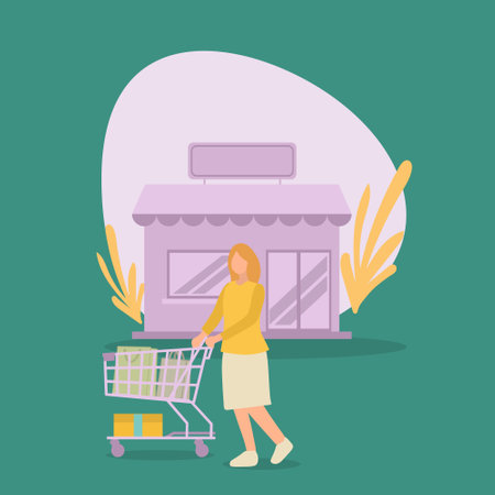 Simple Vector illustration background about young happy female pushing trolley at the supermarket while shopping fruits, vegetables, bread, milk. Shopping in hypermarket concept. Modern design vectorのイラスト素材