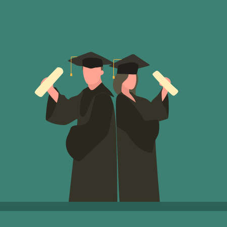 Simple Vector illustration drawing of young happy couple graduate college student hold paper and celebrate their graduation from university. Education concept. Modern design vector illustrationのイラスト素材