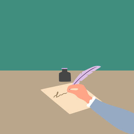 Simple Vector illustration drawing of handwriting gesture with ink and quill pen on a whiteboard. Write a book about life. Retro handwriting concept. Modern design vector illustrationのイラスト素材