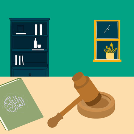 Simple Vector illustration drawing of the gavel of justice with the Koran beside it, Islamic sharia law. Modern design vector illustrationのイラスト素材
