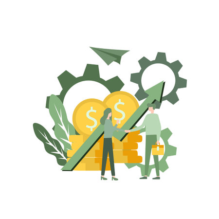 investment manager, woman and man business owner handshake for business deal, creating value of money. vector design illustrations for banner, flayer, website.のイラスト素材