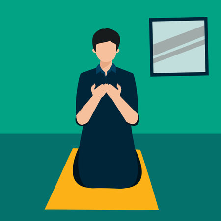 Simple Vector illustration drawing of muslim man having worship and praying for fasting and Eid of Islam culture in mosque. surrender to god concept. Modern design vector illustrationのイラスト素材