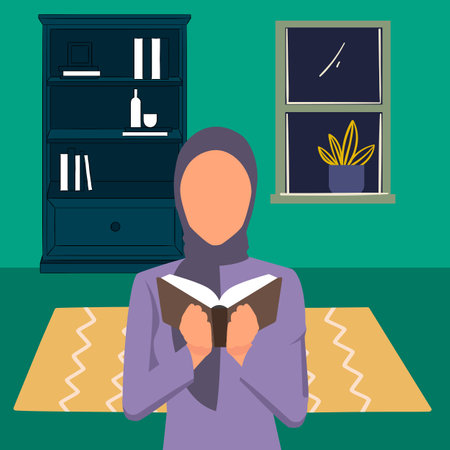 Simple Vector illustration drawing of Muslim women read the holy Qurâan very deeply, read the translation carefully. quality time with the Qurâanâanâanâan'an. Ramadhan kareem. Modern design vector illustrationのイラスト素材