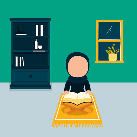 Simple Vector illustration drawing of Asian Indonesian Muslim kid is reading the Qurâan. The Qurâan is indicated as the guided book for all Muslims and it is a direction to be on the heaven of God.のイラスト素材