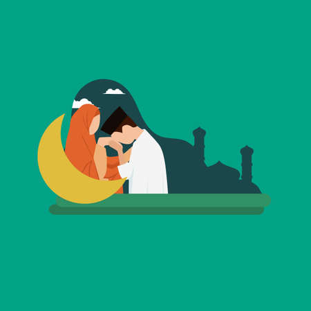 Simple Vector illustration drawing of Image of Muslim families forgive each other, sons to mother, father daughters. Back Fitri on Eid Mubarak. Happy Eid Al-Fitr. Modern design vector illustrationのイラスト素材