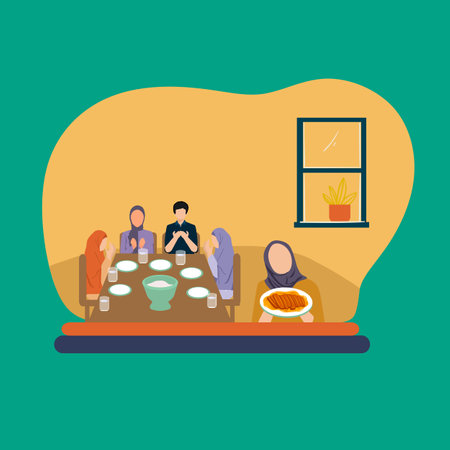 Simple Vector illustration drawing of a beautiful Muslim woman with food served for family and friends to have dinner together. Modern design vector illustrationのイラスト素材