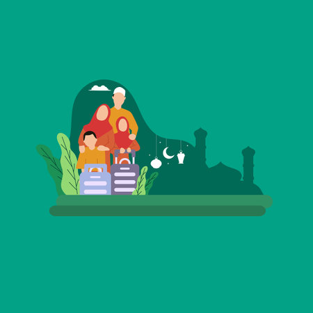 Simple Vector illustration drawing of happy Muslim family, traveling on Eid al-Fitr to stay in touch with family, carrying 2 suitcases. Modern design vector illustrationのイラスト素材