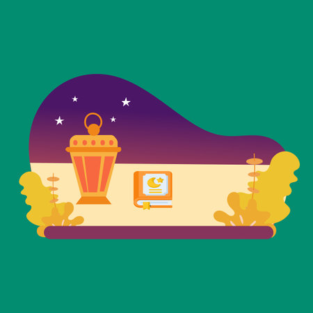 Simple Vector illustration drawing of Three months.Islamic Holy Book Quran with rosary beads under soft light on green Background. Ramadan concept. Modern design vector illustrationのイラスト素材