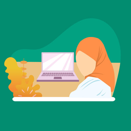 Simple Vector illustration drawing of a child in the classroom, sitting in a chair with an open laptop ready to study. Modern education concept. Modern design vector illustrationのイラスト素材