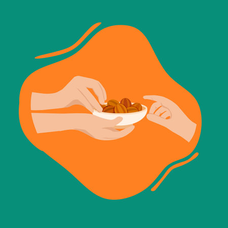 Simple Vector illustration drawing of Eid Mubarak Muslim family having Iftar dinner eating dates to break feast. Eating traditional food during Ramadan feasting month at home. The Islamic Halal Eatingのイラスト素材