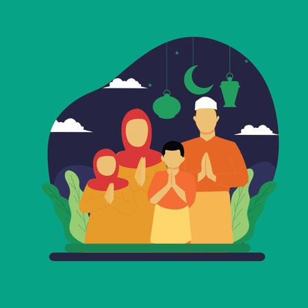 Simple Vector illustration drawing of Asian Muslim family with two children posing together to say Eid Al-Fitr while apologizing to all. Happy with family on Eid Al-Fitr. Modern design vectorのイラスト素材