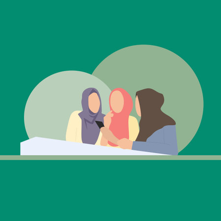 Simple Vector illustration drawing of three young women are stalking the hot news, discussing while looking at their cellphones. Discussion with friends concept. Modern design vector illustrationのイラスト素材