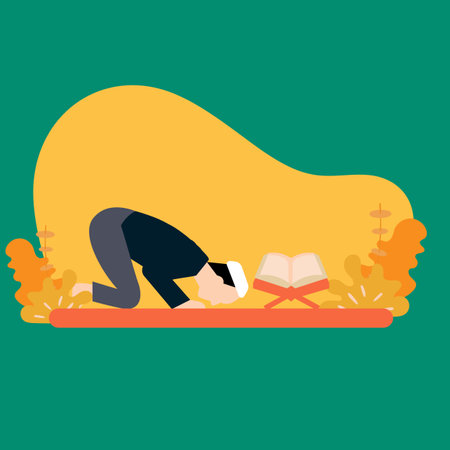 Simple Vector illustration drawing of Asian Muslim Man Making Traditional Prayer To God While Wearing Dishdasha. Prostrate to Allah SWT very solemnly in front of the open Qur'an. Modern design vectorのイラスト素材